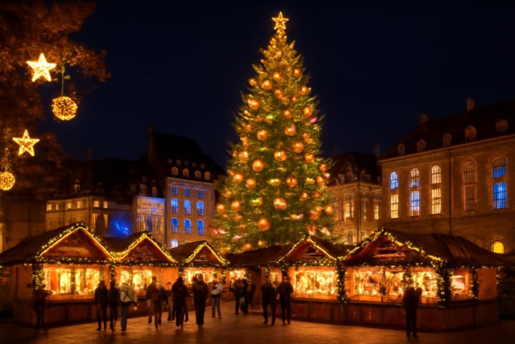 Marché de Noël illuminé en Alsace, sapin décoré et chalets