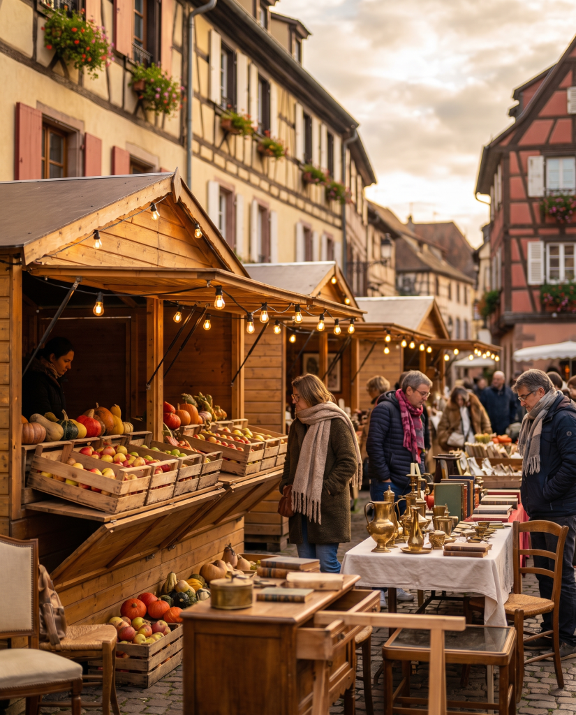 Chalets de marché de Noël devant des maisons à colombages en Alsace