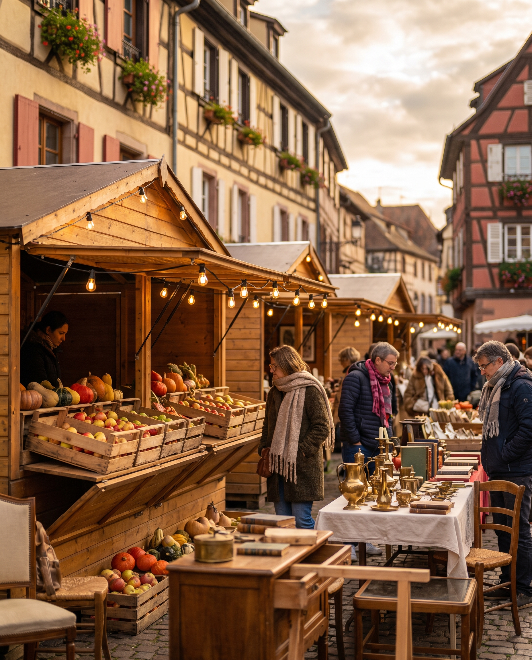 Marché de Noël et brocante en Alsace, échoppes en bois et façades à colombages